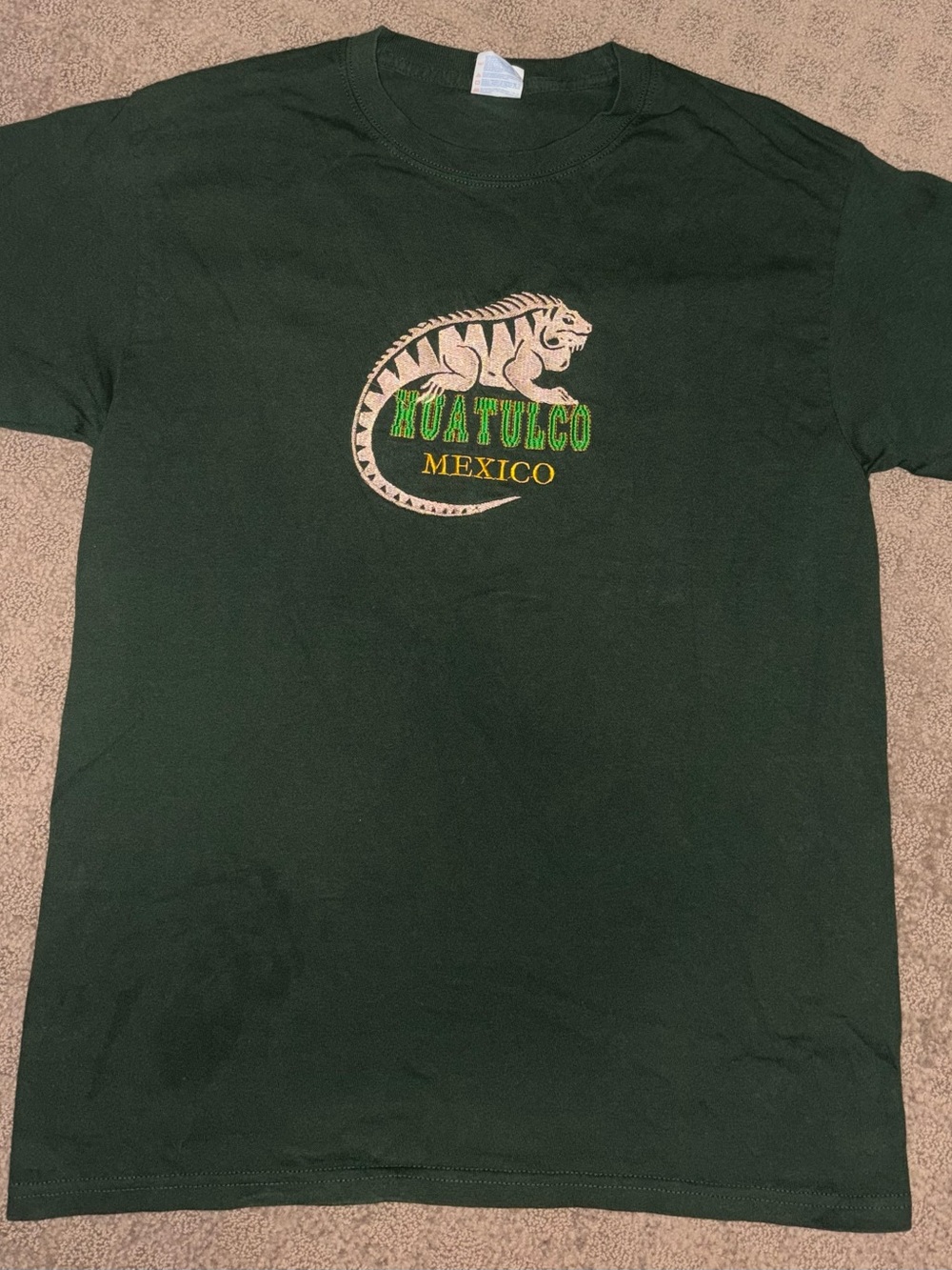 Huatulco Embroidery Dark Green Iguana Graphic Tee -Mexico Souvenir/Tourism Shirt